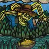"Colorful illustration of a skeleton in nature."